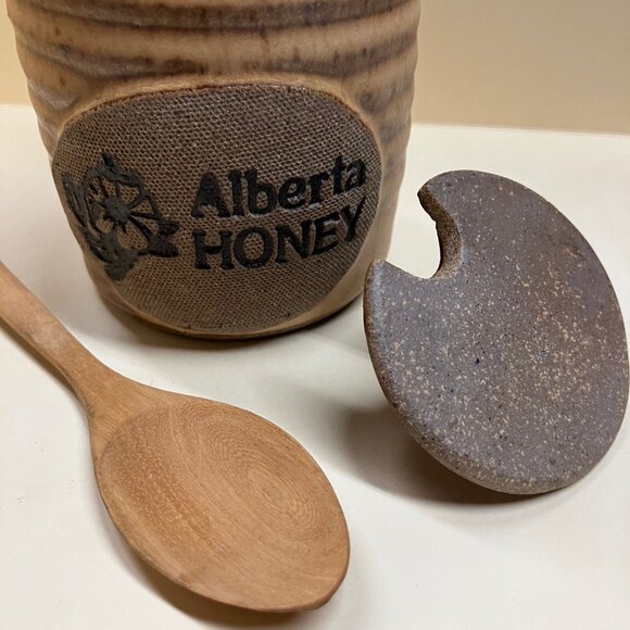 Hand Made Stoneware Ceramic Pottery Alberta Honey Pot Jar & Wooden Spoon + Lid - Picture 2 of 7